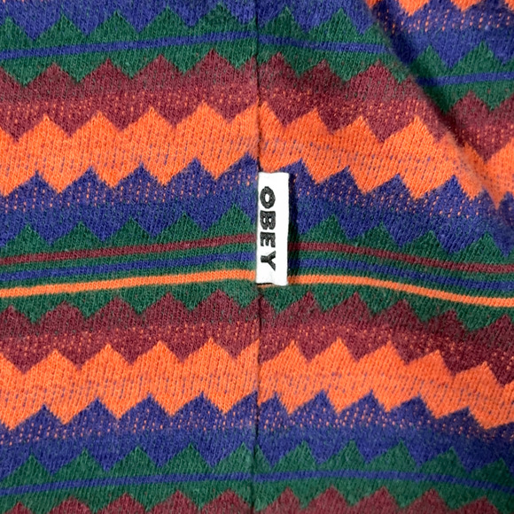 Obey Shirt Adult LARGE Green Striped Geometric Ringer Skate Streetwear Colorful - Picture 7 of 9